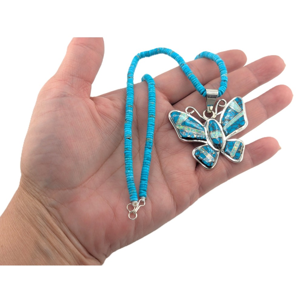 Navajo Necklace Turquoise Butterfly Pendant Handmade Native Amer Jewelry ** - Picture 7 of 13